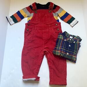 Baby Boden Red Lined Cord Overalls Outfit Bundle